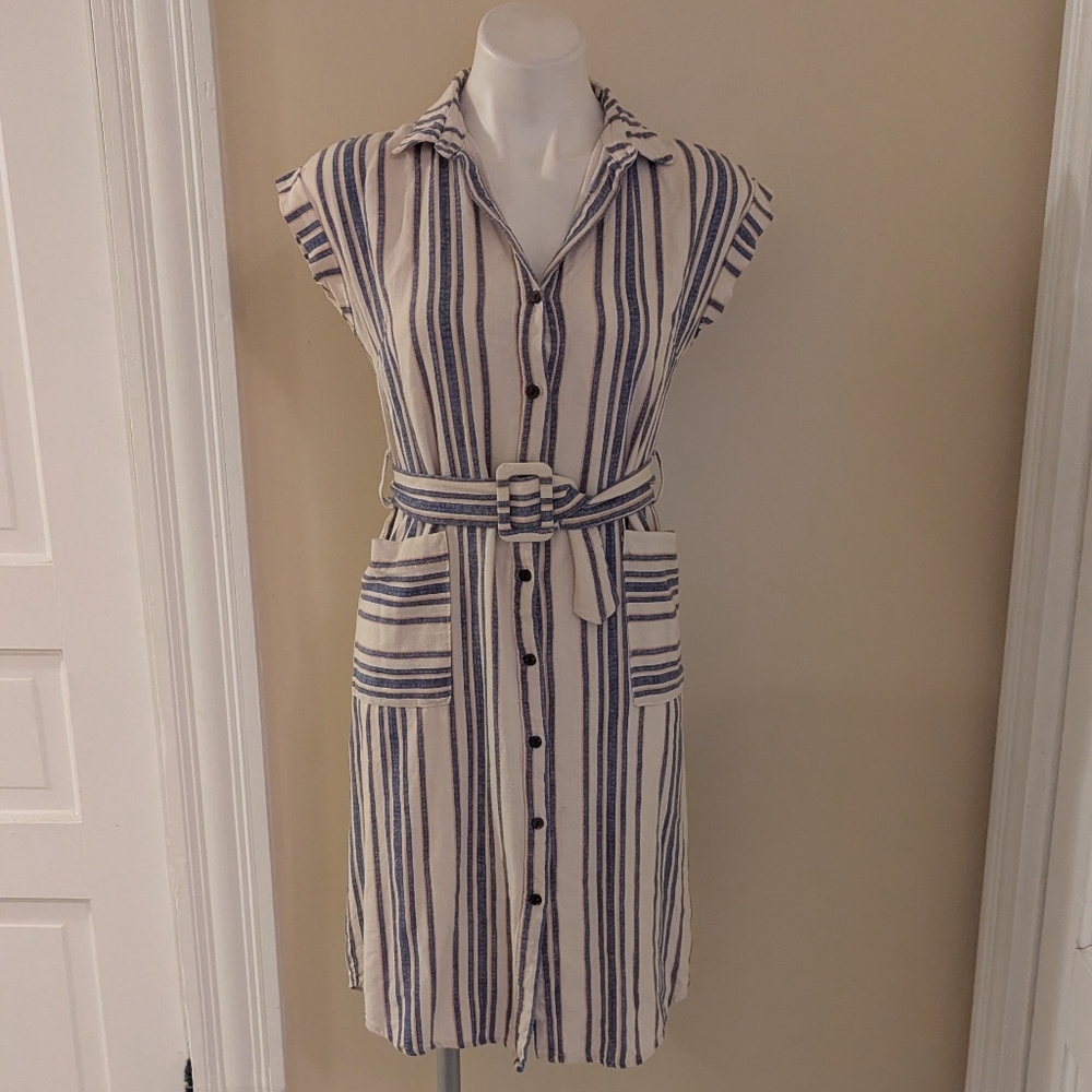 Monteau cream and blue stripped button down midi dress with belt size S